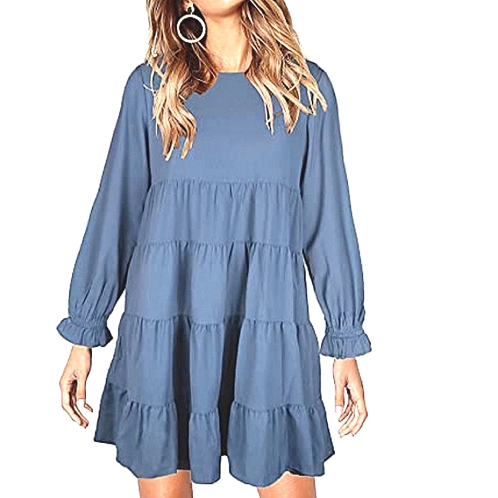 Summer Tiered Ruffle Smocked Denim Blue Flowy Top  Short Dress